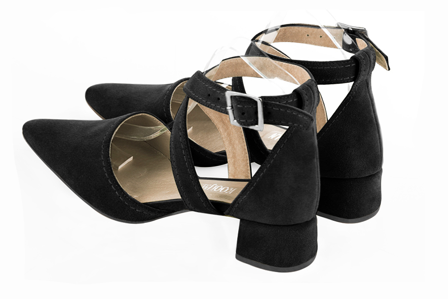 Matt black women's open side shoes, with crossed straps. Tapered toe. Low flare heels. Rear view - Florence KOOIJMAN